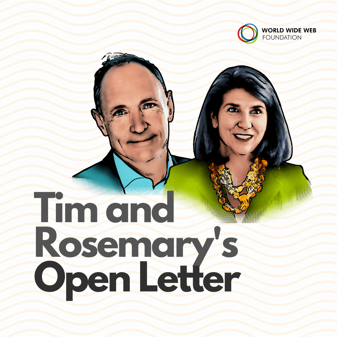 Colorised photo Tim Berners-Lee and Rosemary Leith with dark grey text Tim and Rosemary's Open Letter